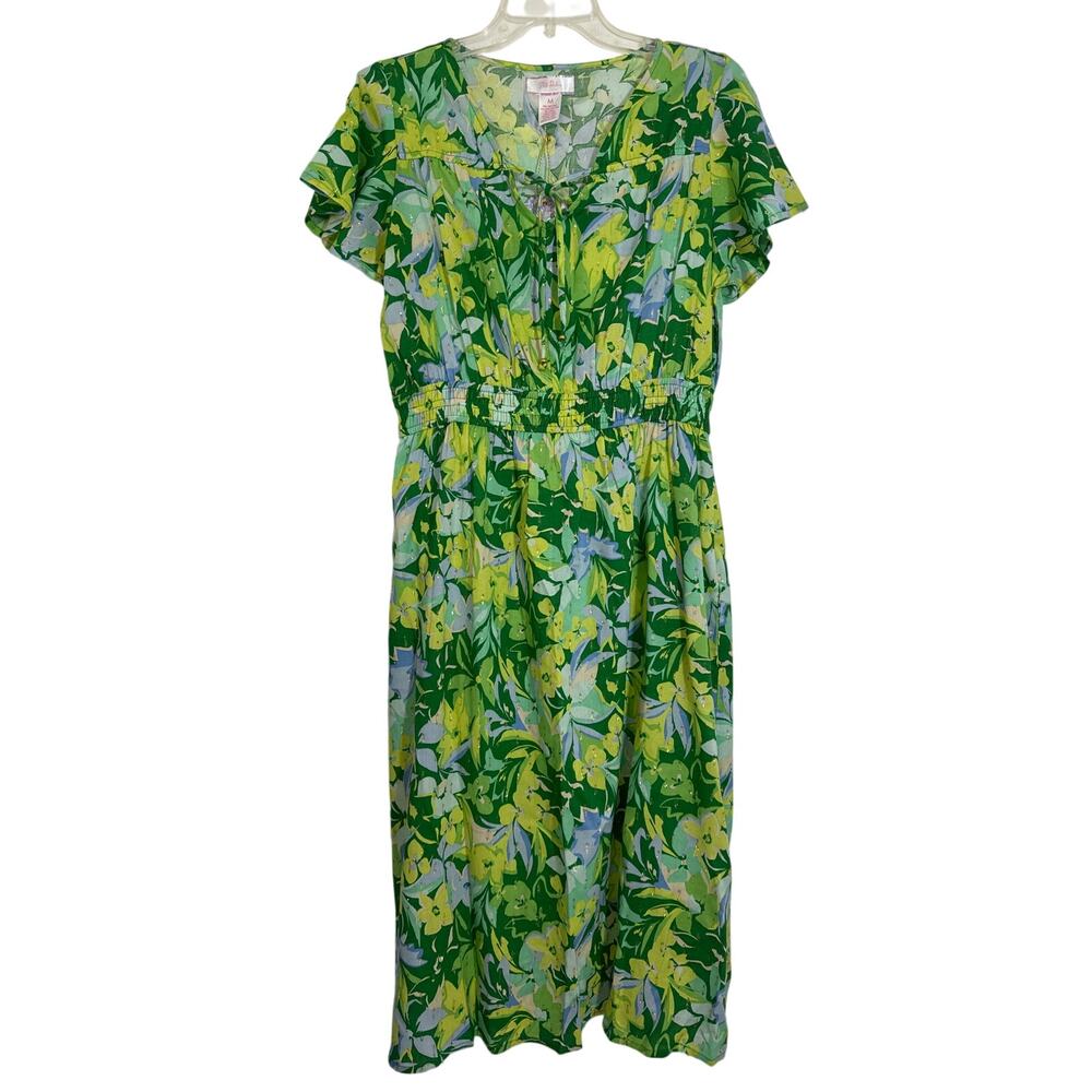 NWT Stella Parker Collection Medium, Green Blue Floral Dress Gold Thread Pockets